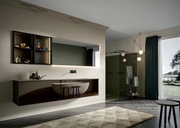 Wall-mounted Bathroom Cabinet with Fumè Mirror Front and Matte Asphalt Lacquered Structure with Rea 007 Aluminum Frame by Edoné
