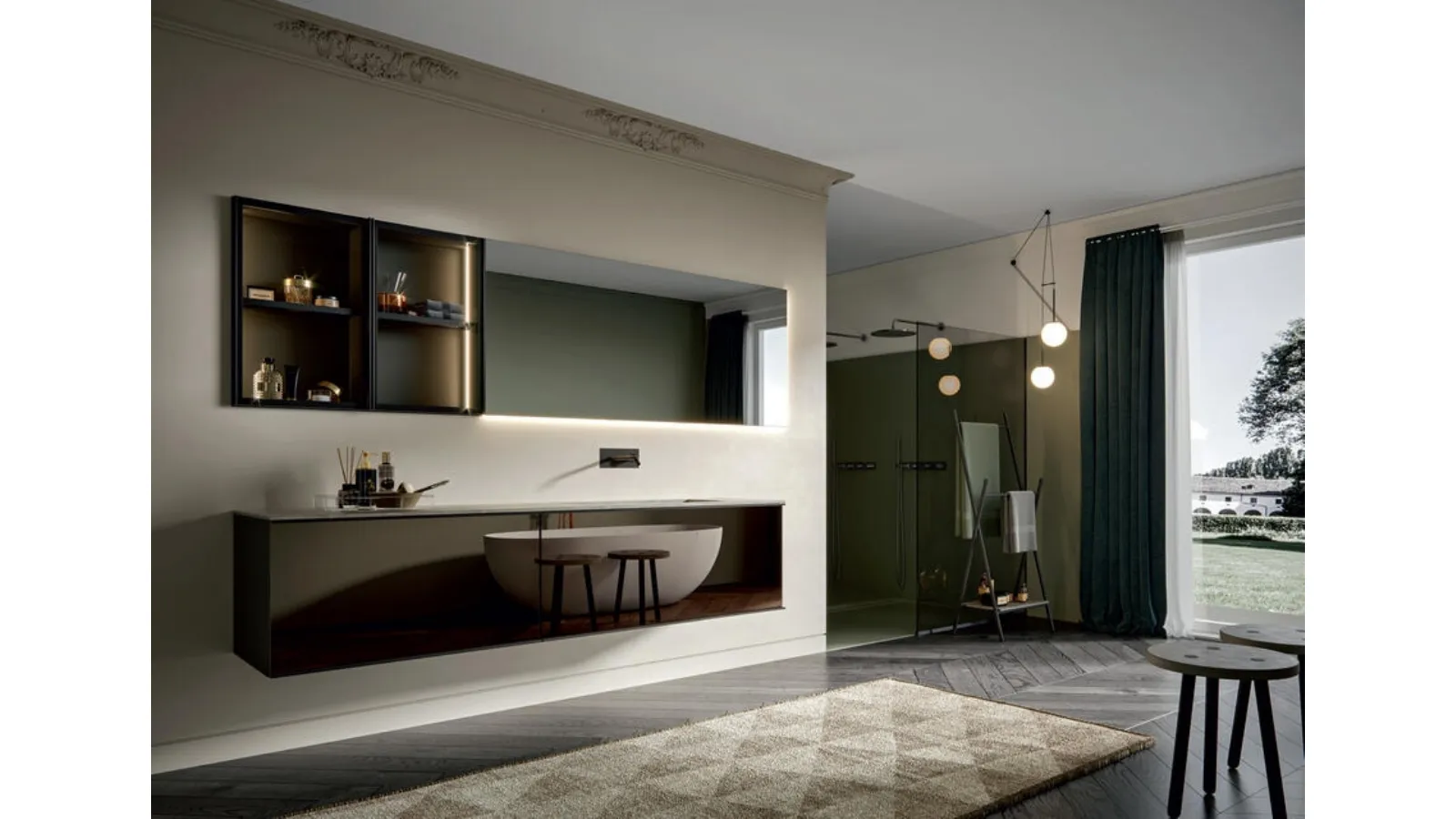 Wall-mounted Bathroom Cabinet with Fumè Mirror Front and Matte Asphalt Lacquered Structure with Rea 007 Aluminum Frame by Edoné