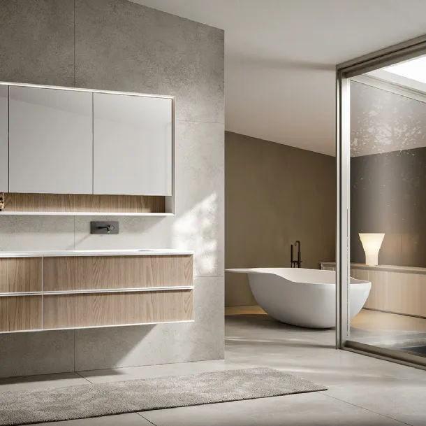 Rea 009 Bathroom Cabinet in Dyed Cumino Chestnut with Edoné Diamond Sandblasted Extra-Clear Glass Top