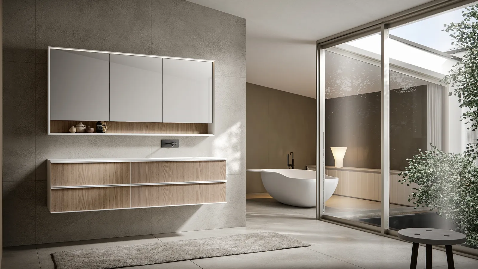 Rea 009 Bathroom Cabinet in Dyed Cumino Chestnut with Edoné Diamond Sandblasted Extra-Clear Glass Top