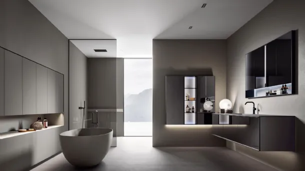 Rea 2312 Wall-Mounted Bathroom Cabinet in Fume Glass and Matte Asphalt Lacquered Finish by Edoné