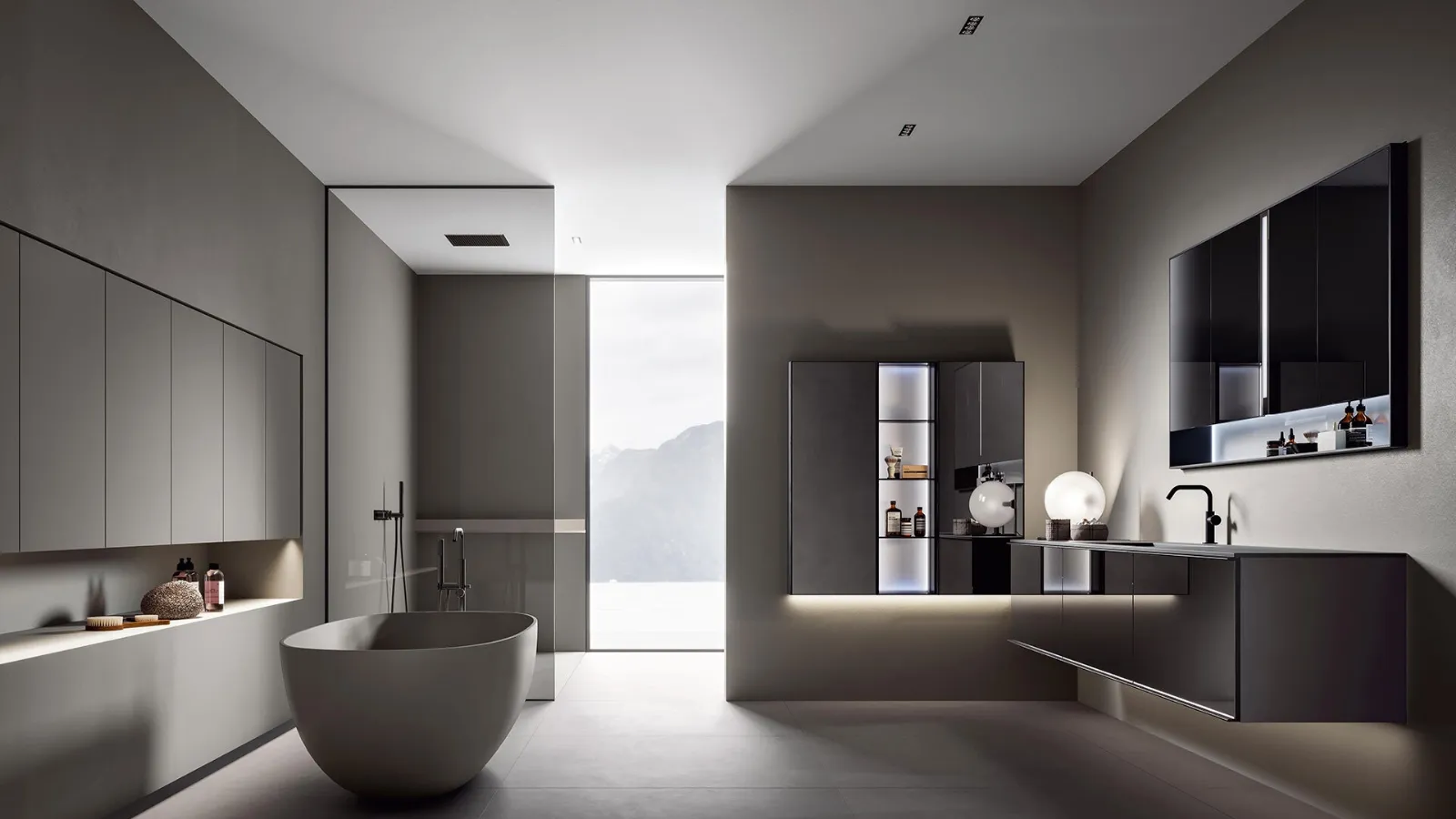 Rea 2312 Wall-Mounted Bathroom Cabinet in Fume Glass and Matte Asphalt Lacquered Finish by Edoné