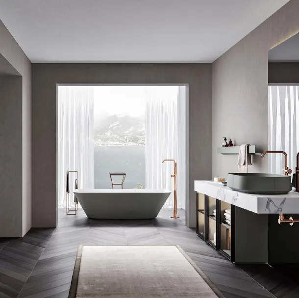 Floor-standing Bathroom Cabinet Rea 2313 with Smoked Glass front, structure in matte Peltro lacquer, and HPL Statuario White top by Edoné