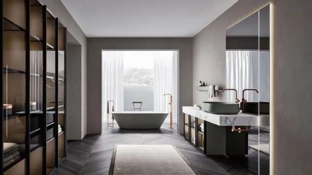 Floor-standing Bathroom Cabinet Rea 2313 with Smoked Glass front, structure in matte Peltro lacquer, and HPL Statuario White top by Edoné