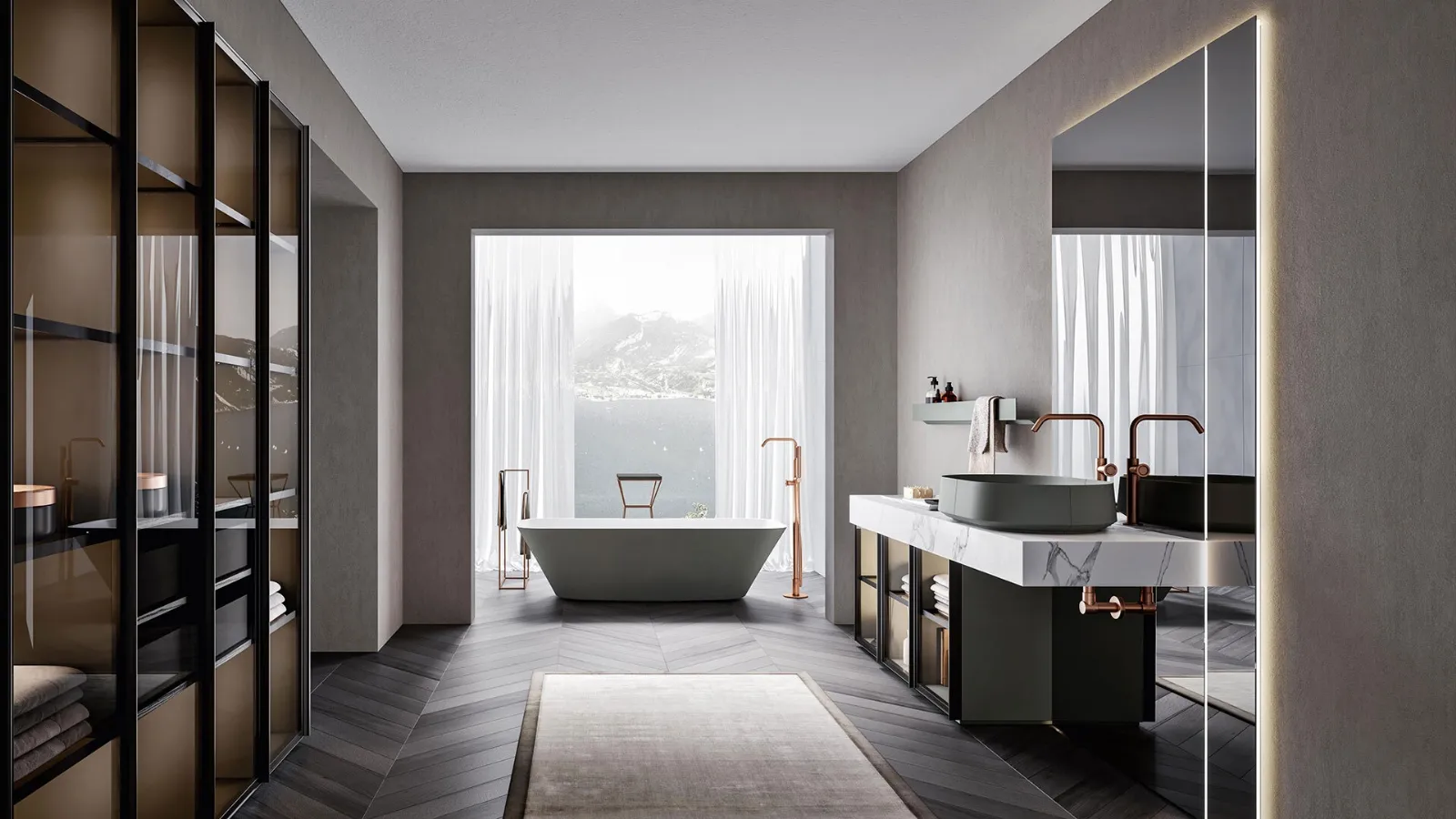 Floor-standing Bathroom Cabinet Rea 2313 with Smoked Glass front, structure in matte Peltro lacquer, and HPL Statuario White top by Edoné
