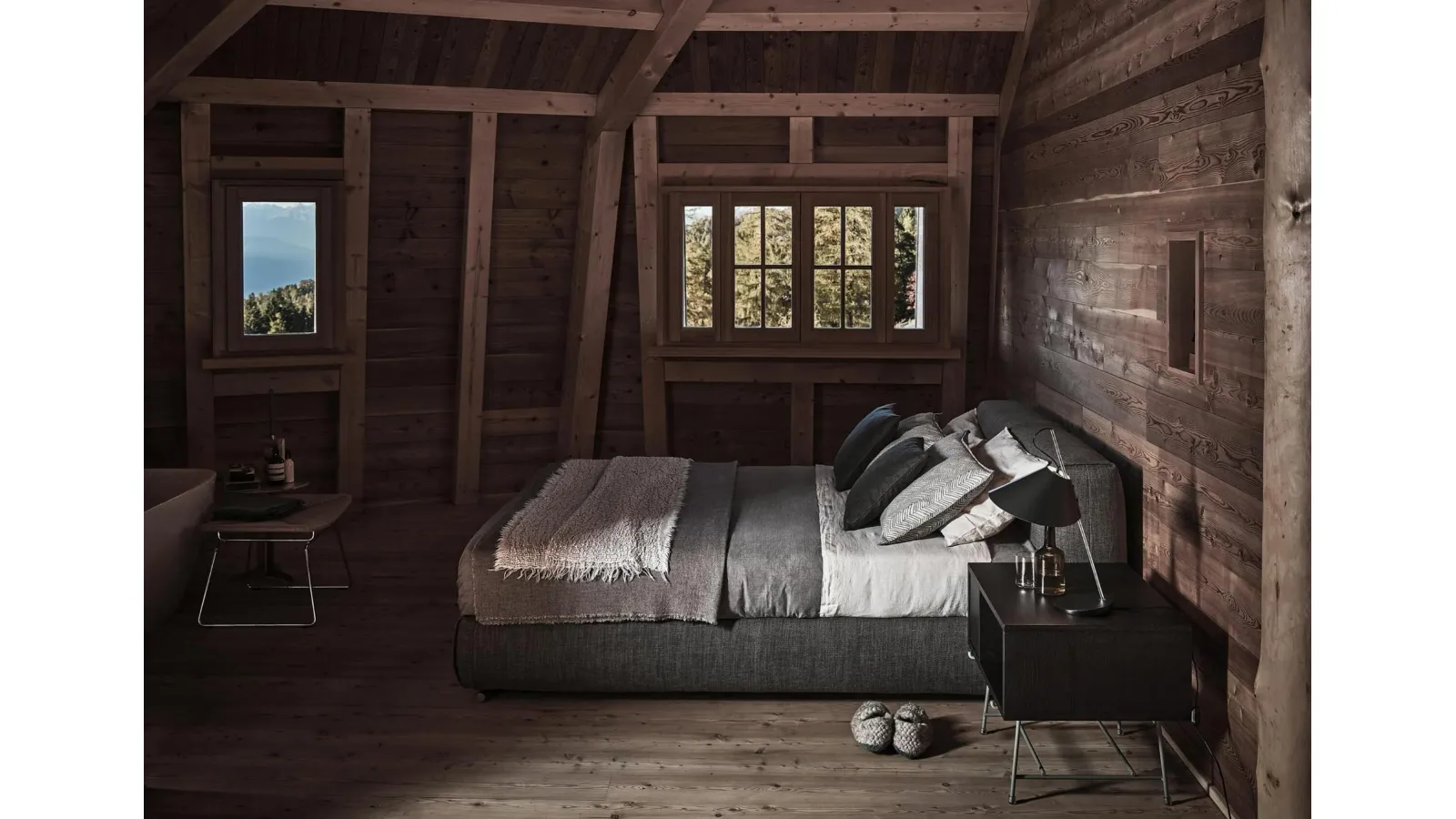 Bed with storage box Asolo in padded fabric by Flexform
