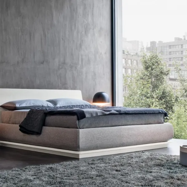 Charme Bed in lacquered white wood with fabric-covered storage by Giellesse
