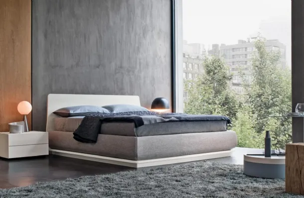 Charme Bed in lacquered white wood with fabric-covered storage by Giellesse