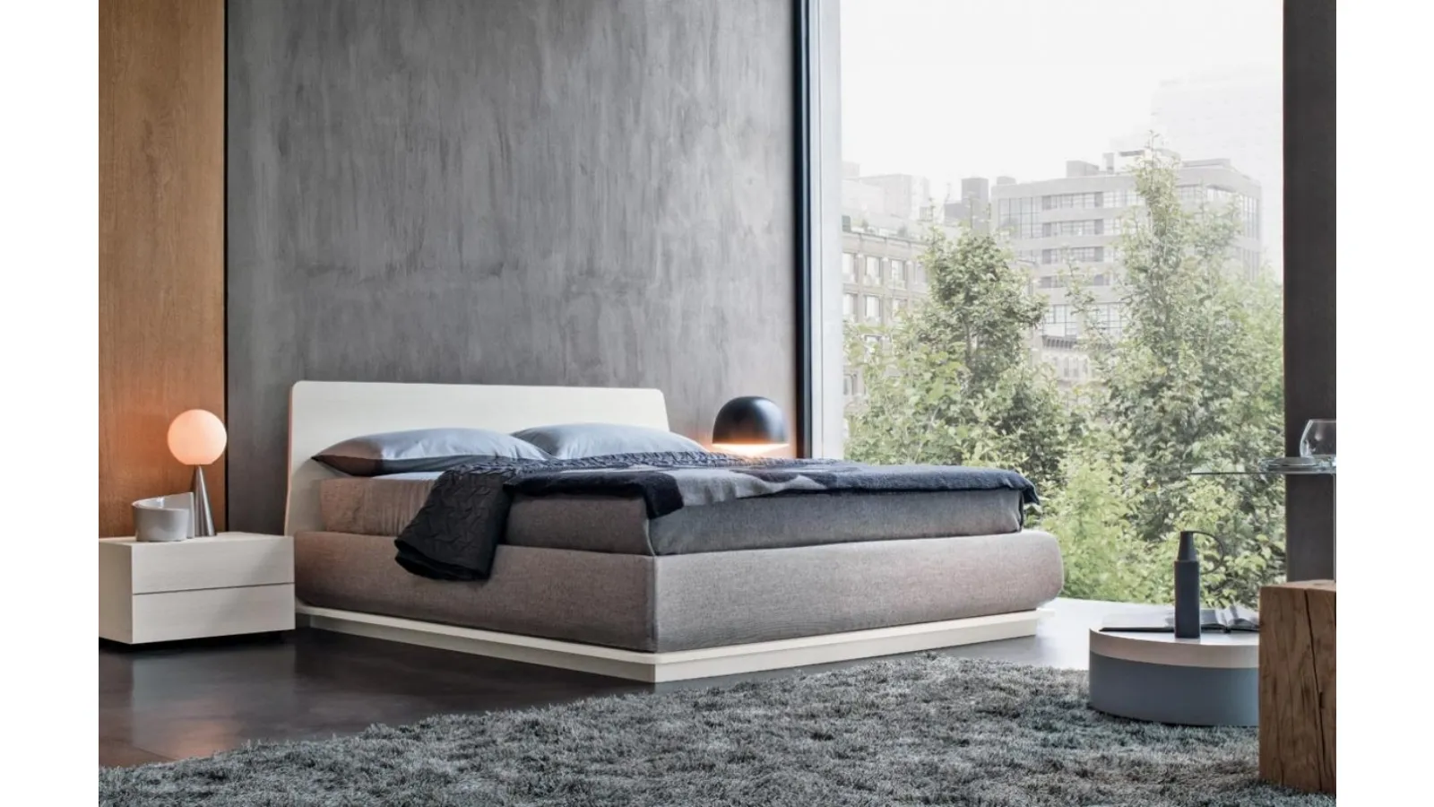 Charme Bed in lacquered white wood with fabric-covered storage by Giellesse