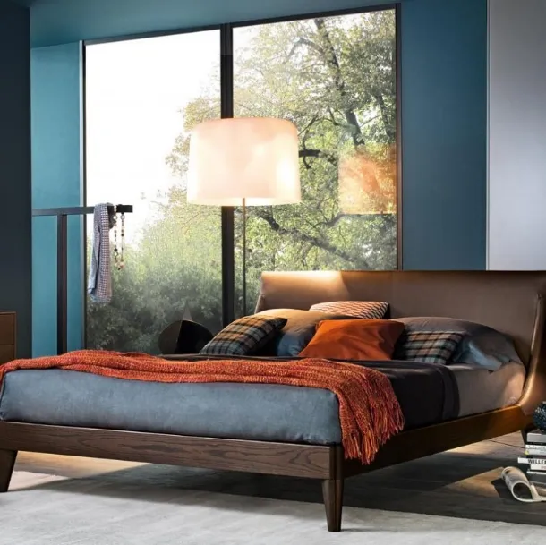 Clark wooden bed with leather-upholstered headboard by Giellesse