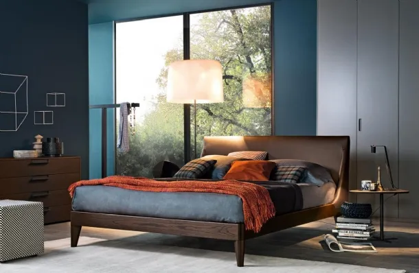Clark wooden bed with leather-upholstered headboard by Giellesse