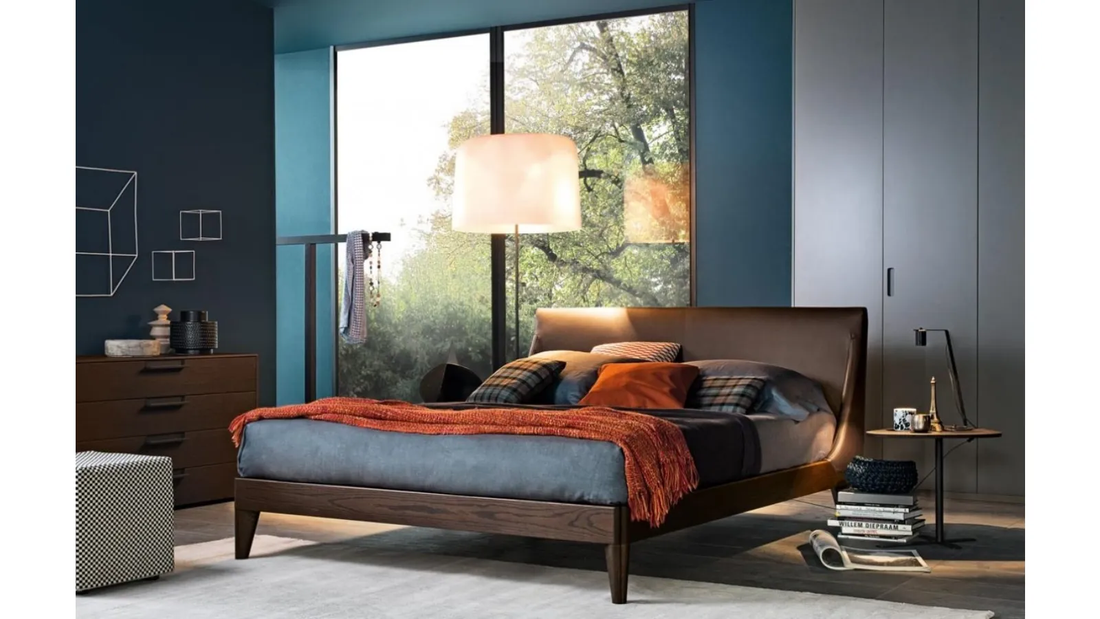 Clark wooden bed with leather-upholstered headboard by Giellesse