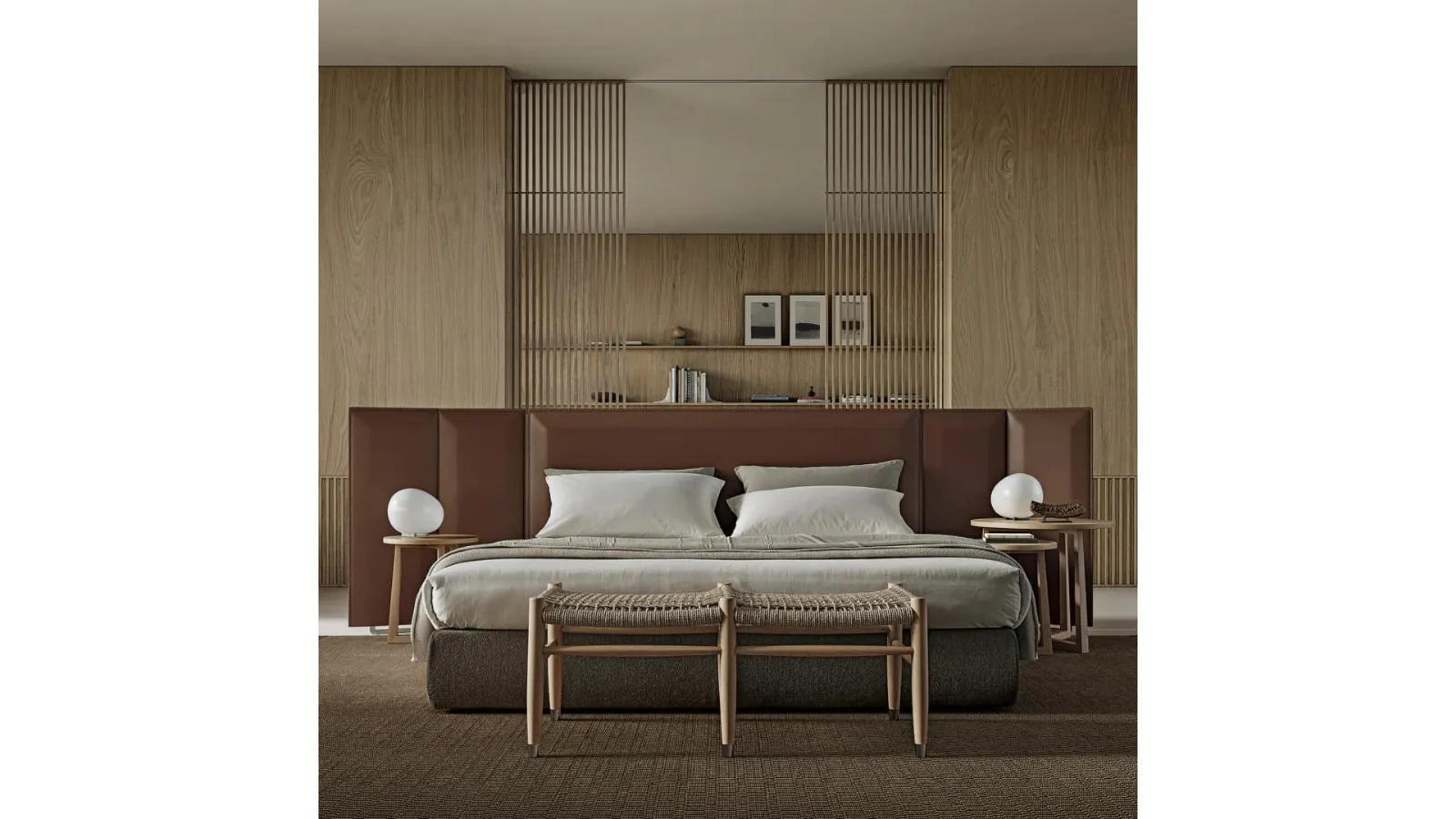 Bed with headboard upholstered in Eden leather by Flexform