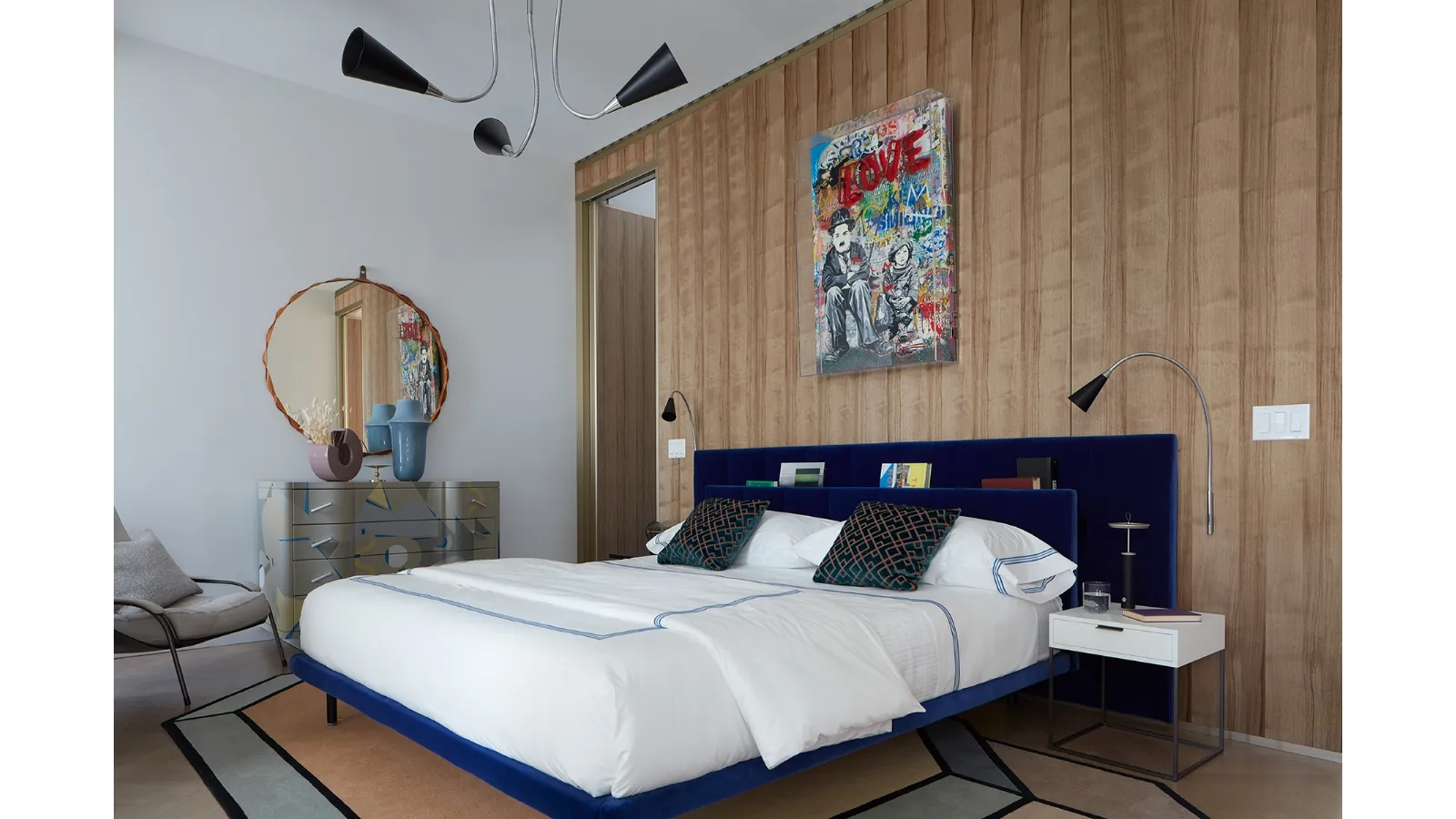 Upholstered velvet bed with double headboard Grangala by Zanotta
