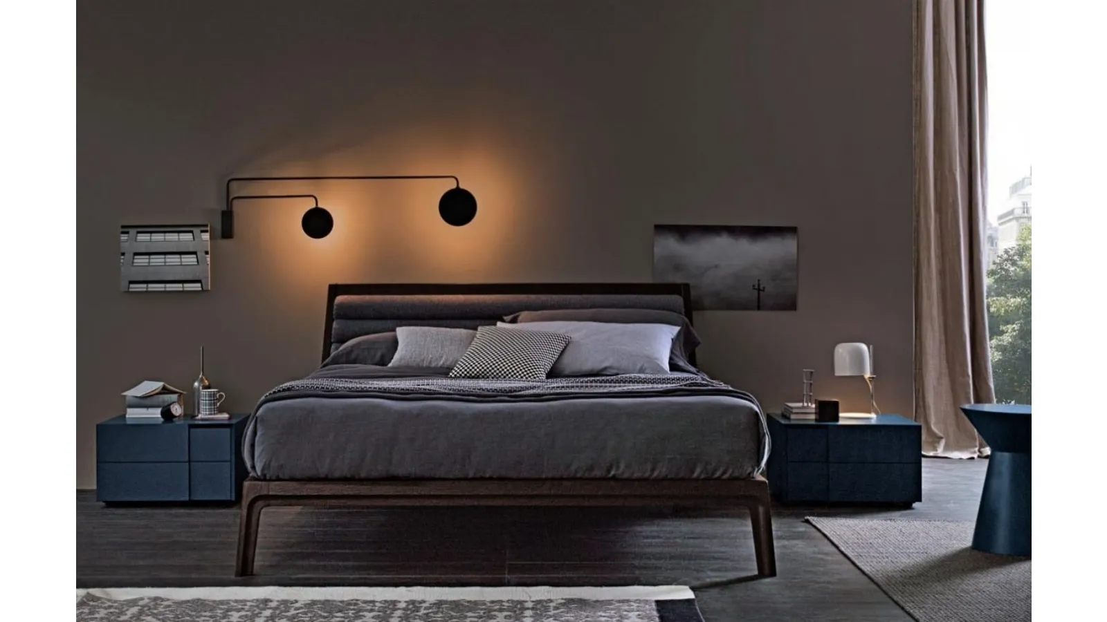 Bed with wooden and fabric headboard by Giellesse