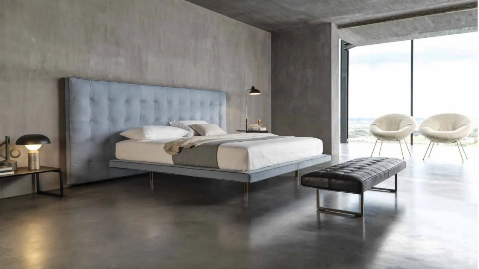 Double bed in fabric with a large Ludwig headboard by Desirèe