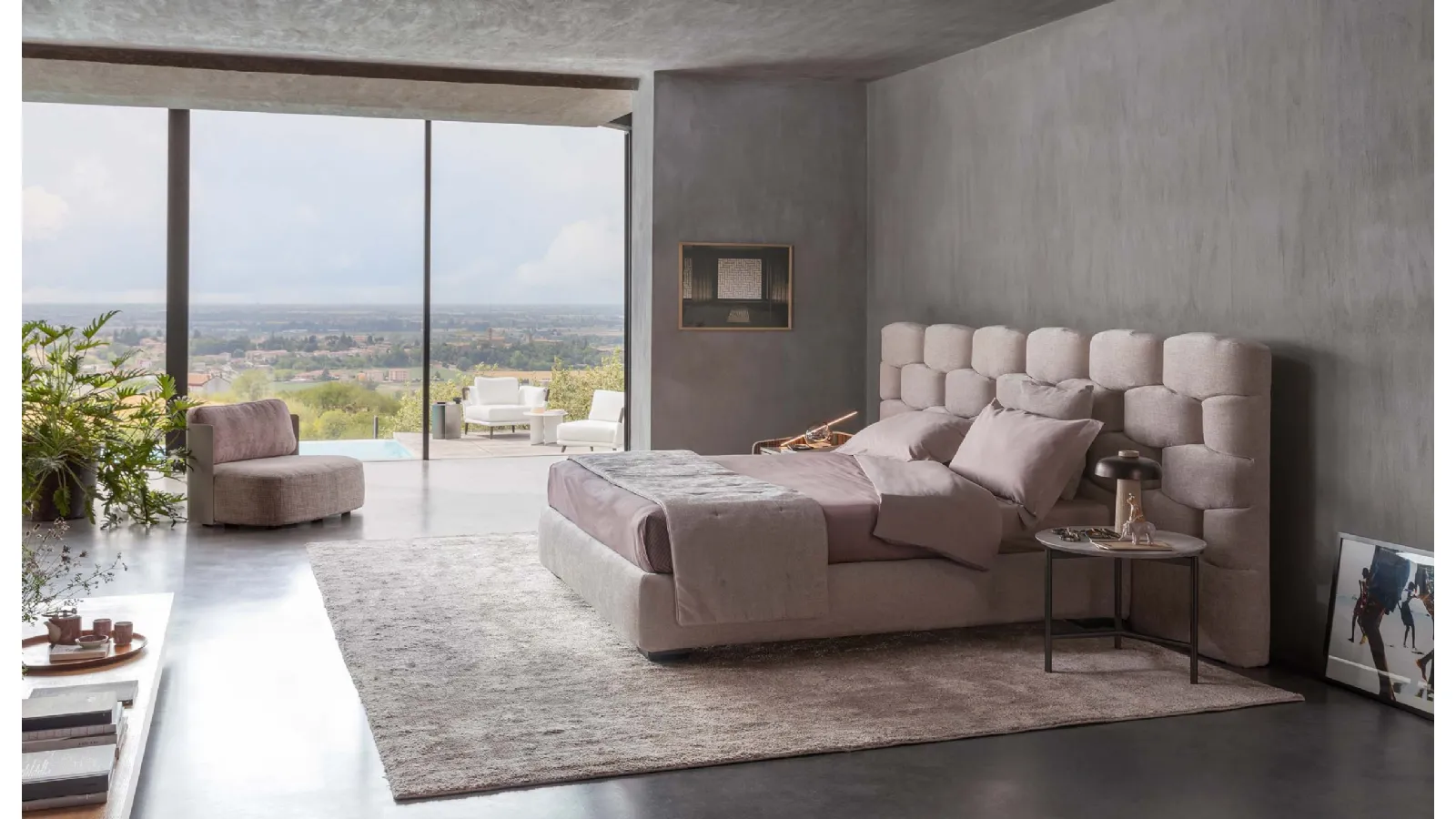 Majal fabric bed with wide headboard by Flou