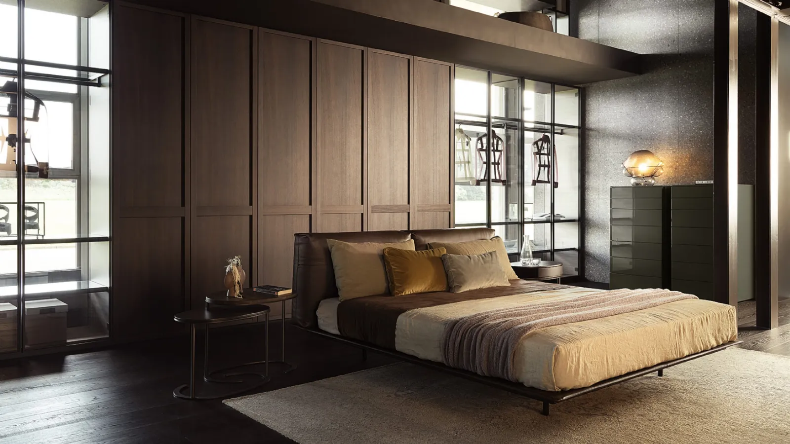 Double bed in leather with Mynight headboard by Lema
