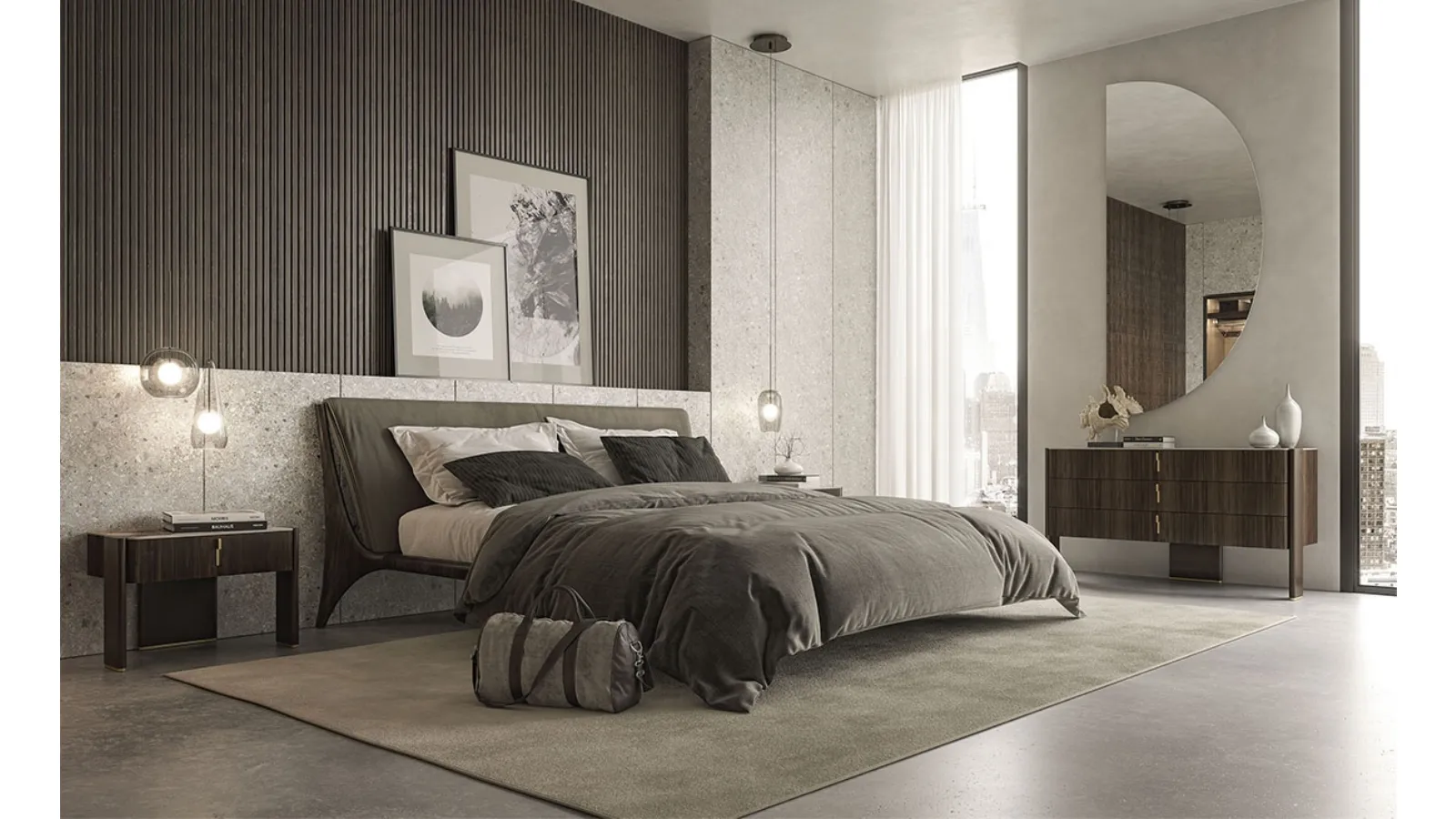 Nelson wooden bed with upholstered headboard by Cattelan Italia
