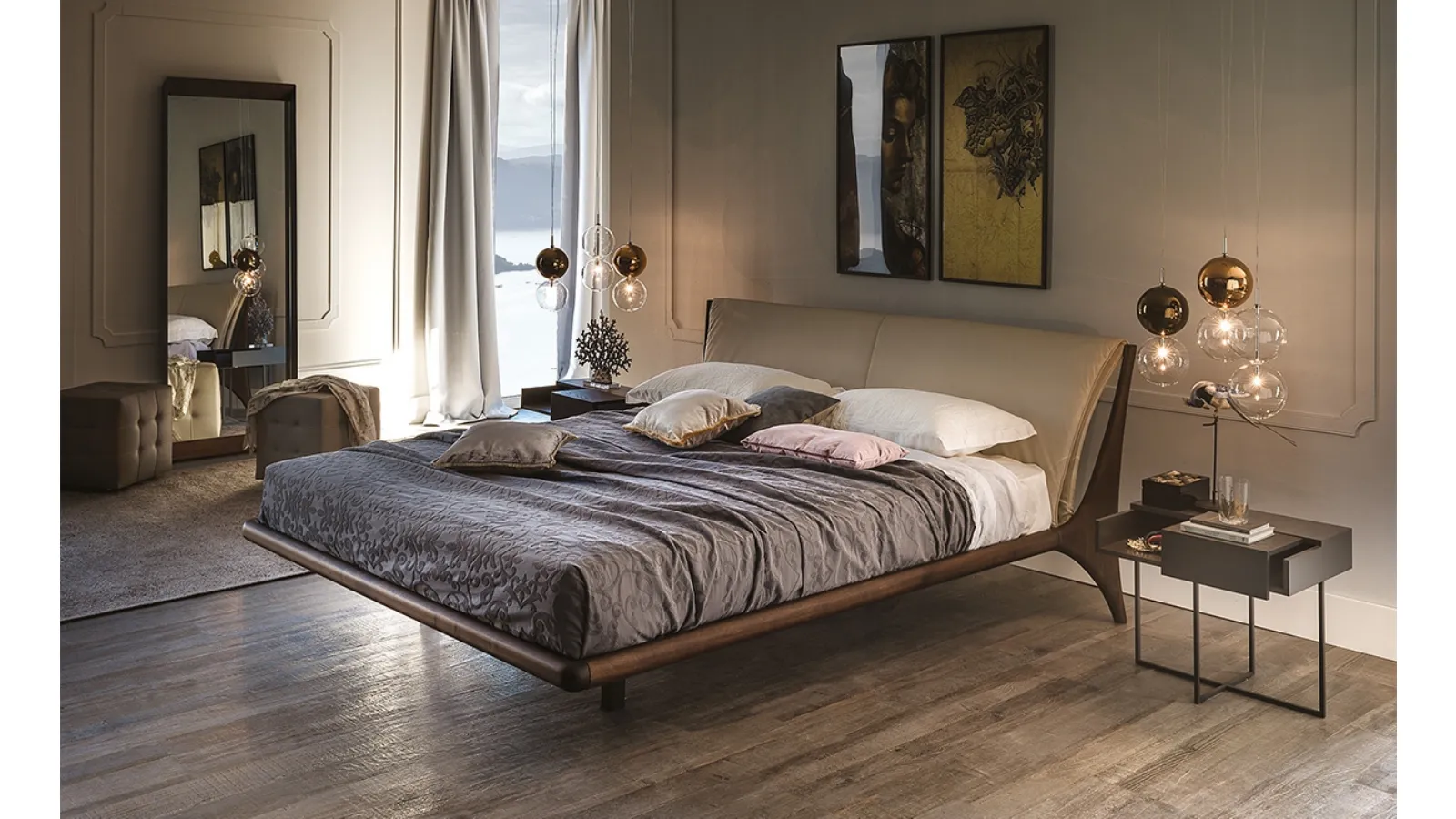 Nelson wooden bed with upholstered headboard by Cattelan Italia
