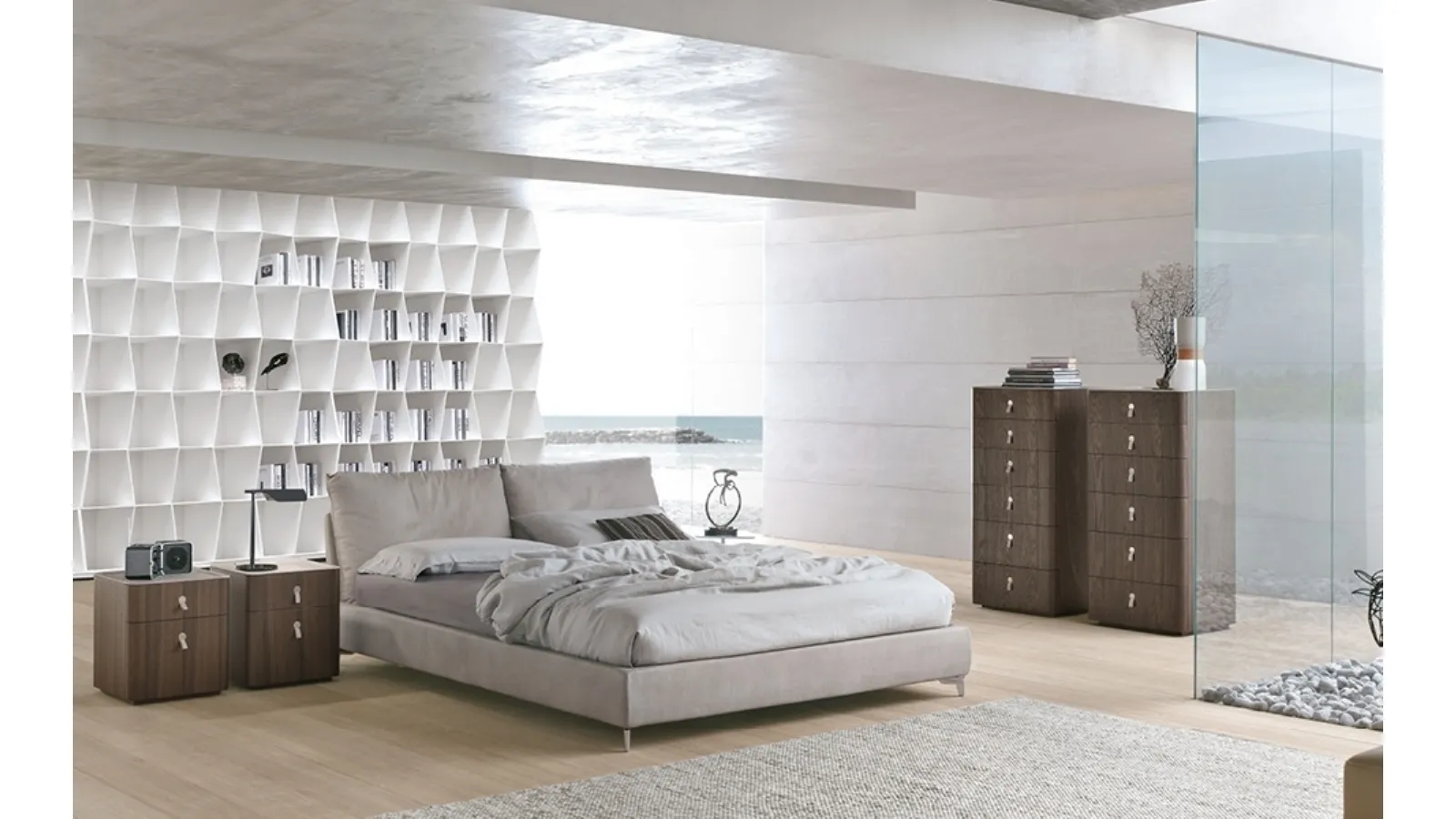 Leather bed with Oasis headboard by Alivar