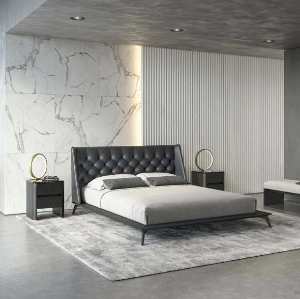 Opera Bed in Leather with Quilted Headboard by Vibieffe