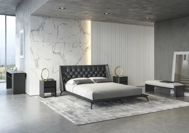 Opera Bed in Leather with Quilted Headboard by Vibieffe