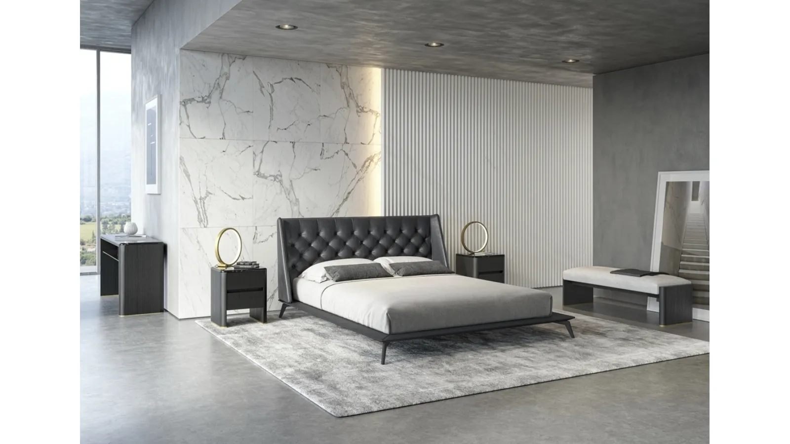 Opera Bed in Leather with Quilted Headboard by Vibieffe