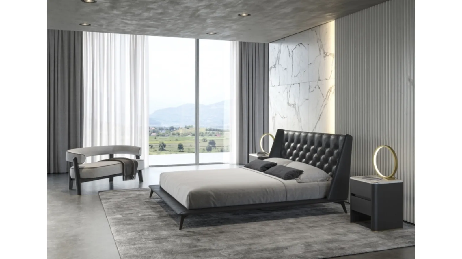 Opera Bed in Leather with Quilted Headboard by Vibieffe