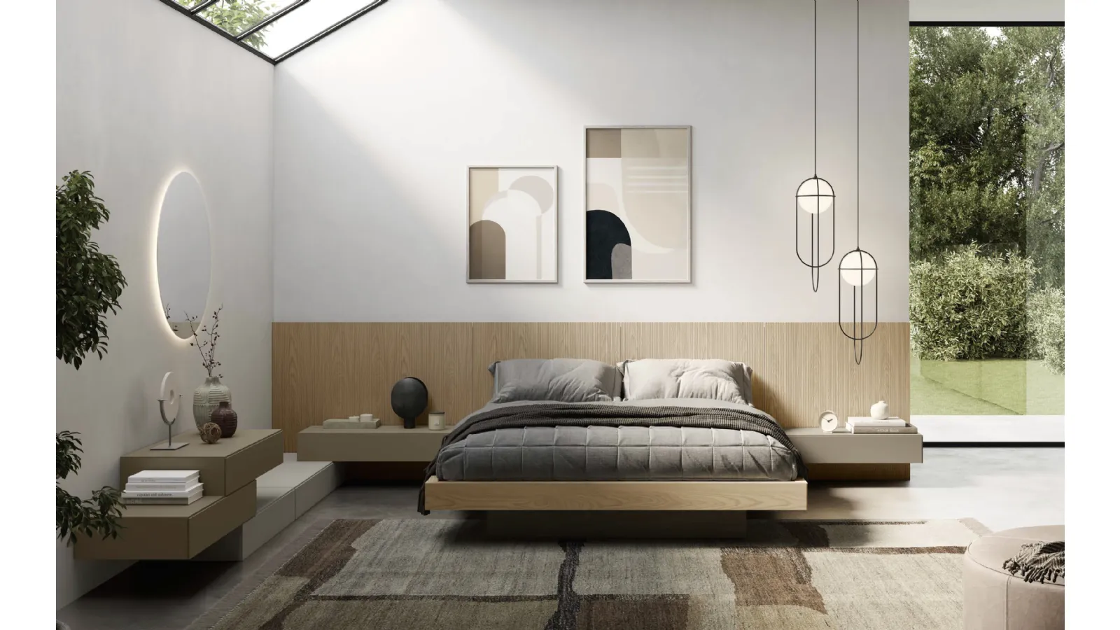 Plan wooden bed with striped boiserie headboard by Fimar