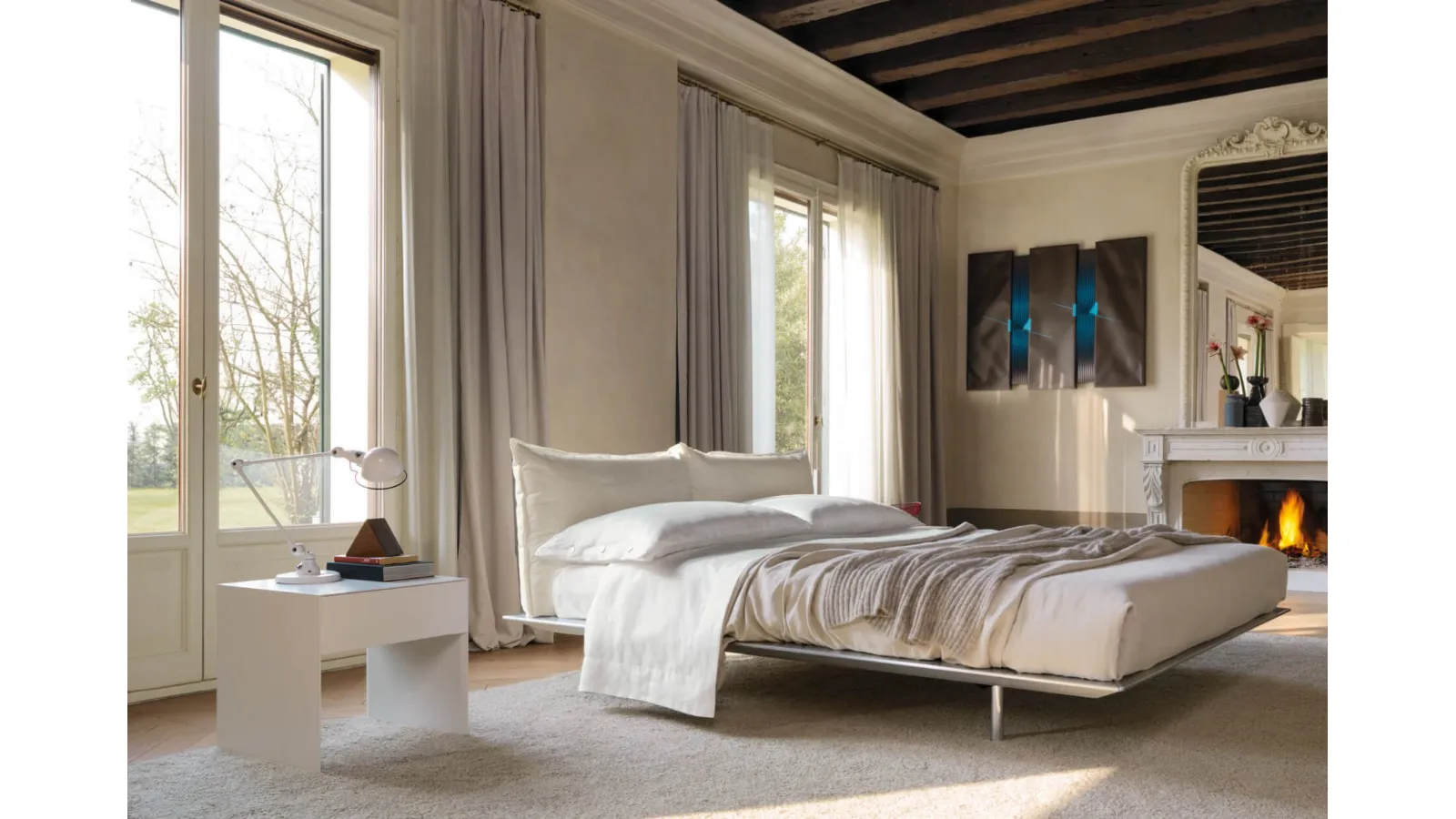 Bed with upholstered fabric headboard and brushed aluminum structure by Desirèe