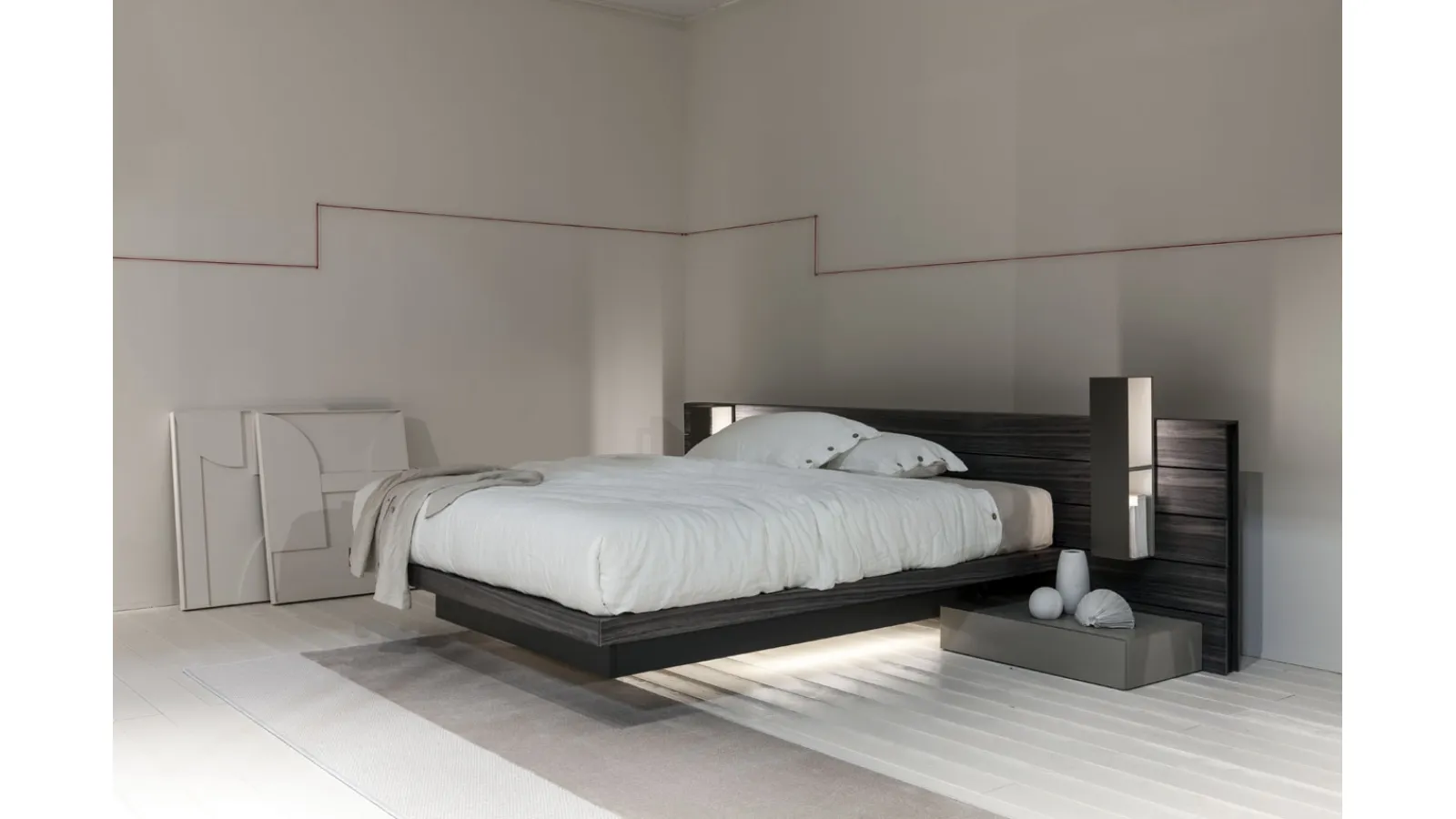 Wooden bed with raised storage box and self-supporting headboard, Sestante by Fimar