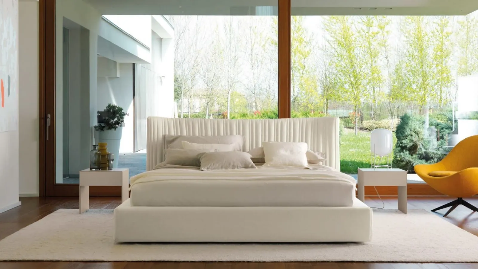 Fabric bed with storage box and sinuous headboard with irregular quilted 