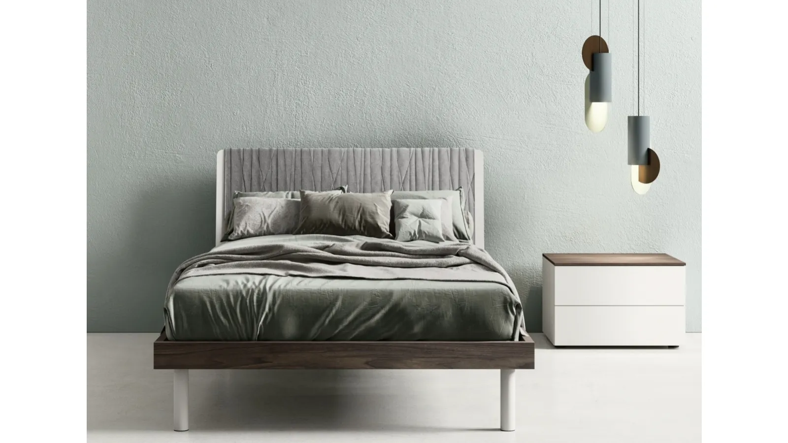 Tablet Bed in laminated board with upholstered headboard in fabric by Zalf