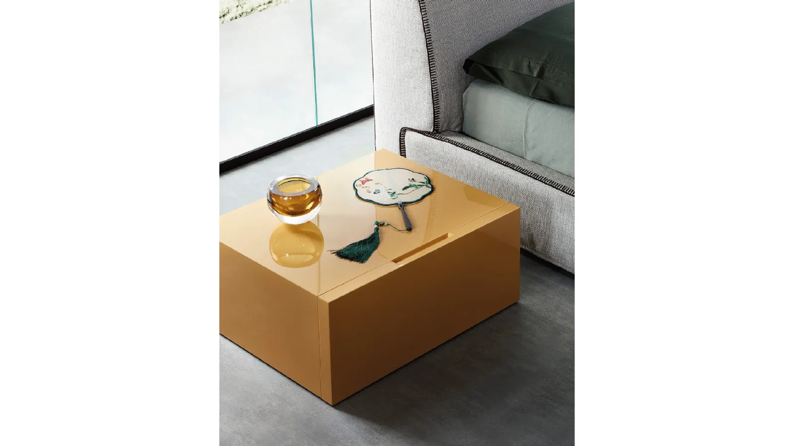 Glossy yellow lacquered bedside table Flin by Lema