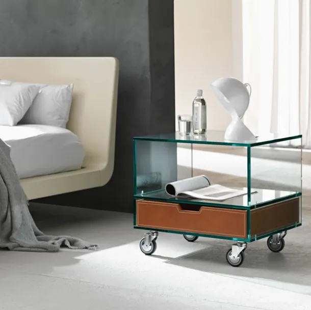 Glass nightstand on wheels with a leather drawer Grattacielo by Tonelli
