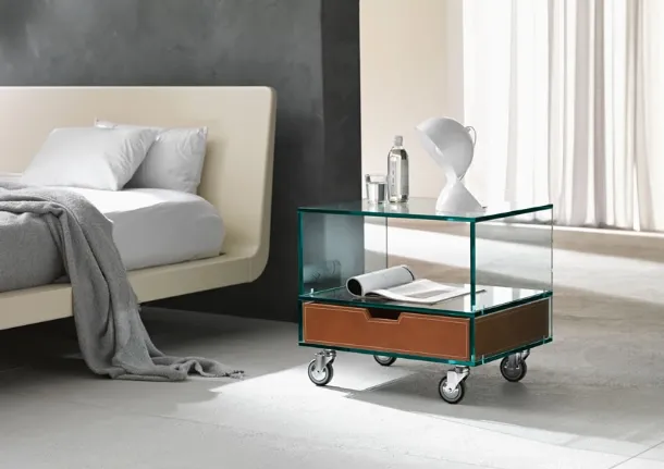 Glass nightstand on wheels with a leather drawer Grattacielo by Tonelli