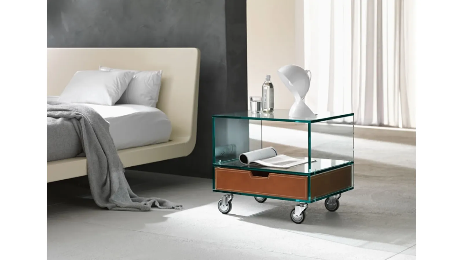 Glass nightstand on wheels with a leather drawer Grattacielo by Tonelli