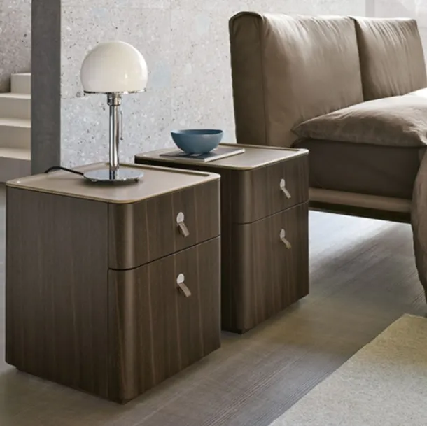 Oak bedside table with painted finish and acrylic stone top covered in Kube leather by Alivar