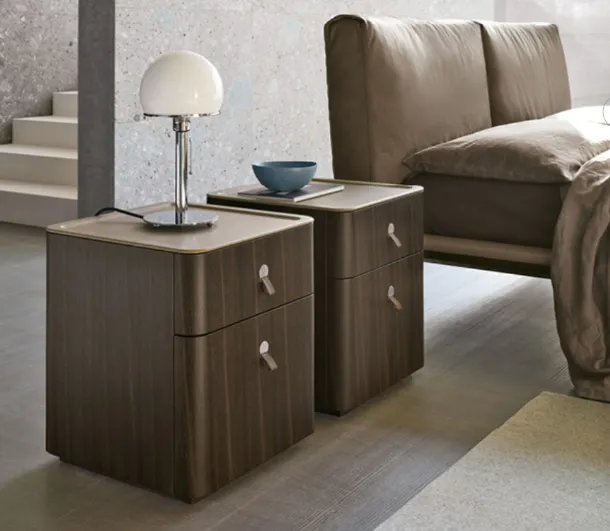 Oak bedside table with painted finish and acrylic stone top covered in Kube leather by Alivar