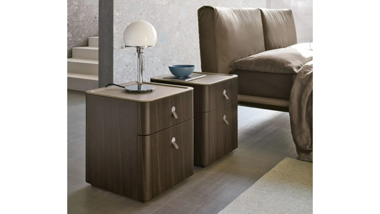 Oak bedside table with painted finish and acrylic stone top covered in Kube leather by Alivar