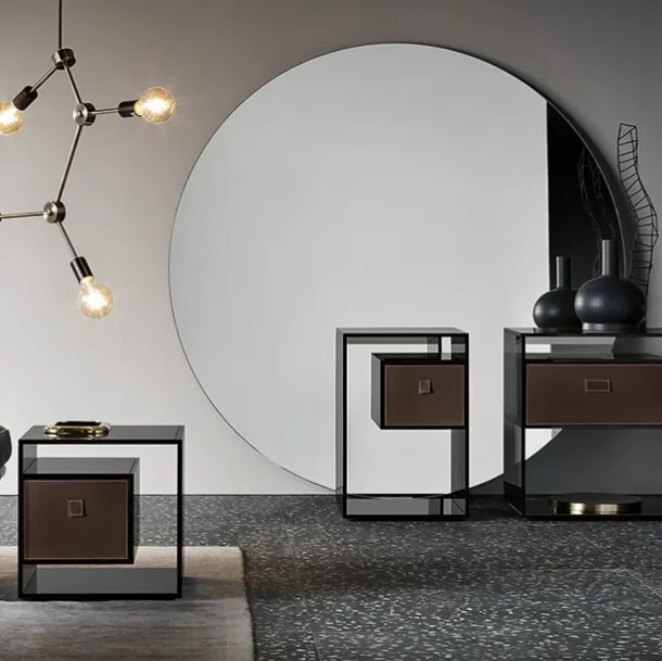 Liber glass nightstand group with leather drawer by Tonelli
