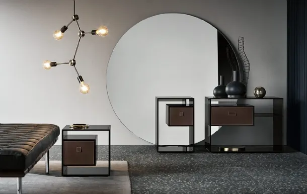 Liber glass nightstand group with leather drawer by Tonelli