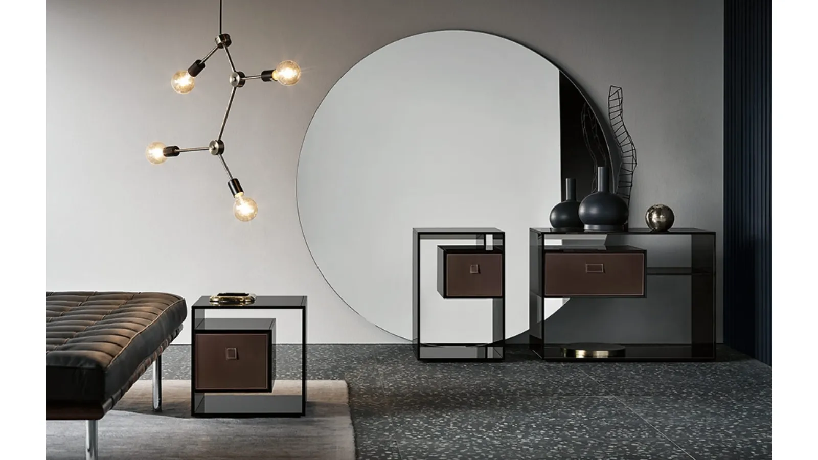 Liber glass nightstand group with leather drawer by Tonelli