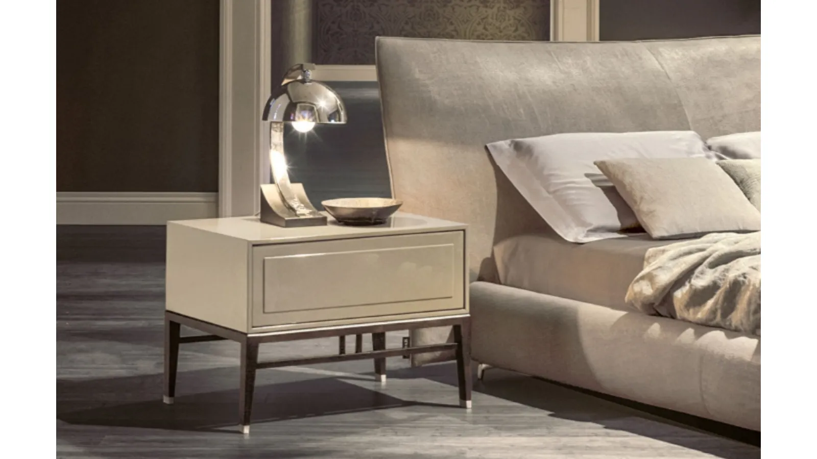 Glossy lacquered bedside table with solid ash feet, Oriental Night by Alivar