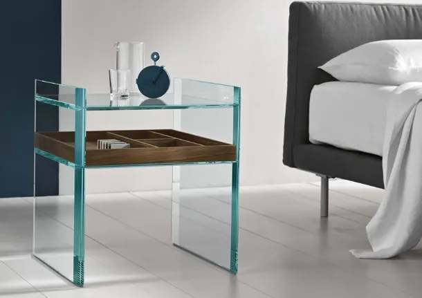 Beveled glass side table with solid wood tray Quiller Side Table by Tonelli
