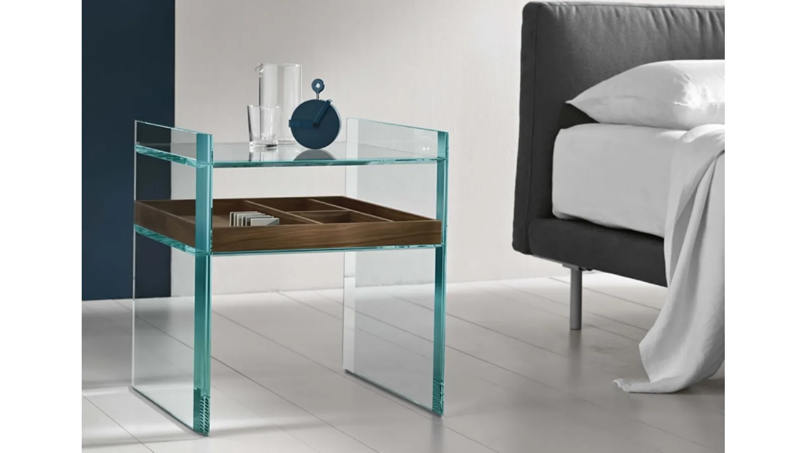 Beveled glass side table with solid wood tray Quiller Side Table by Tonelli