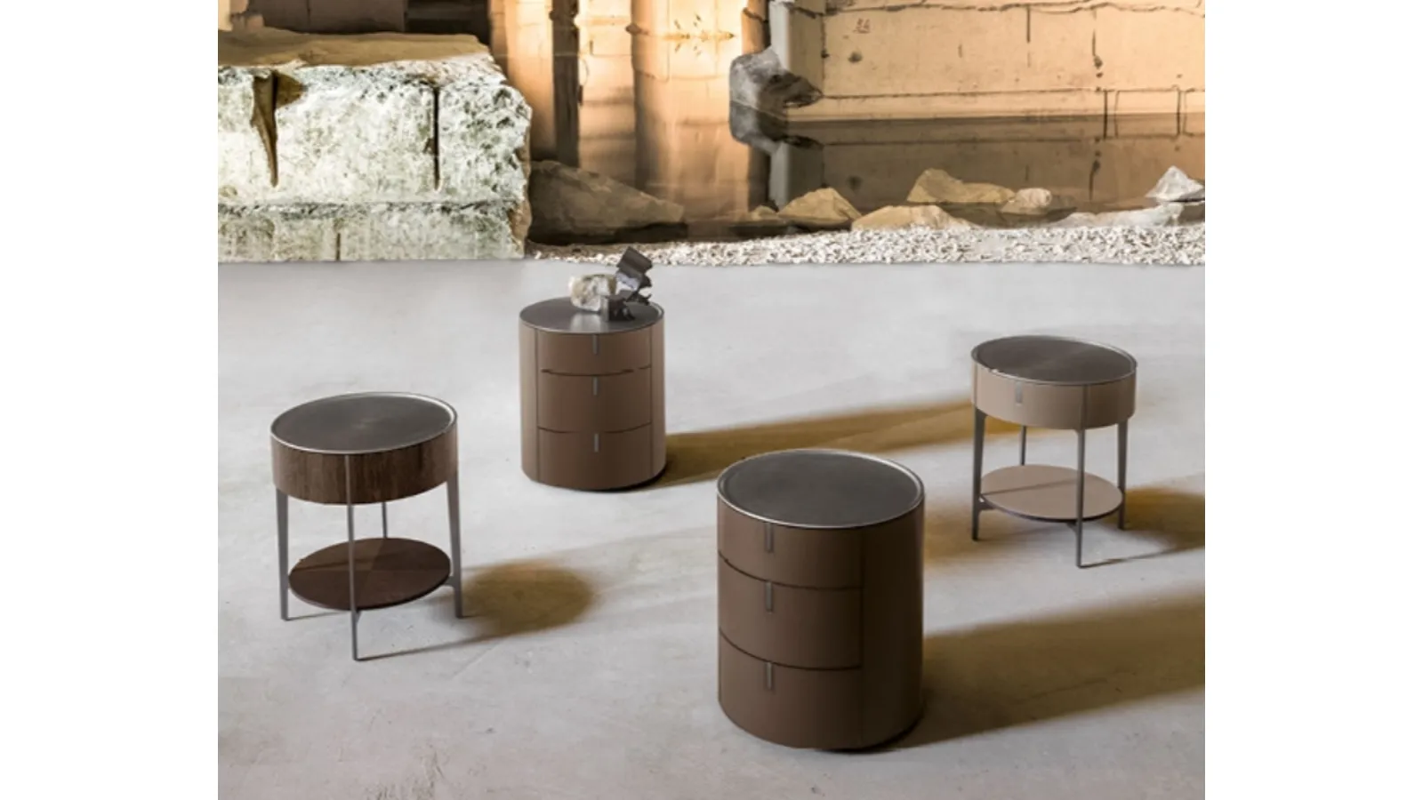Round bedside table upholstered in leather with a steel top by Alivardi Alivar