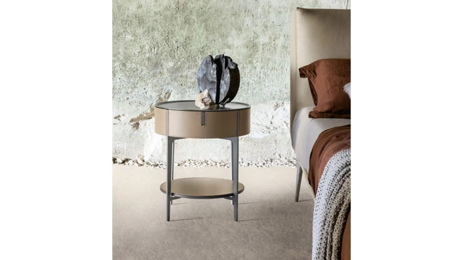 Round bedside table upholstered in leather with a steel top by Alivardi Alivar
