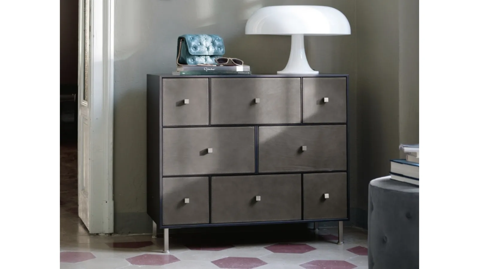 Rucellai wooden chest of drawers with drawers upholstered in leather by Porada